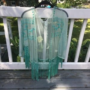 Blue Mesh Embroidered Fringe Kimono